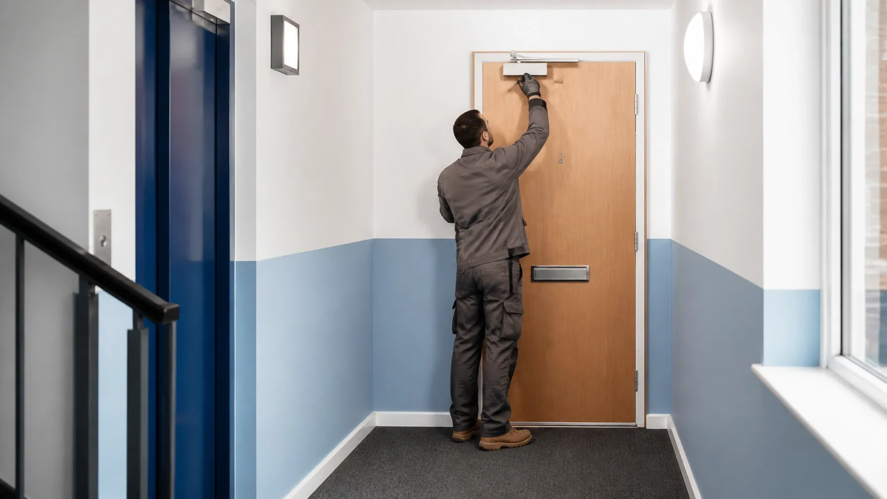 Worker in grey workwear checking the closer on a fire door in a residential communal corridor