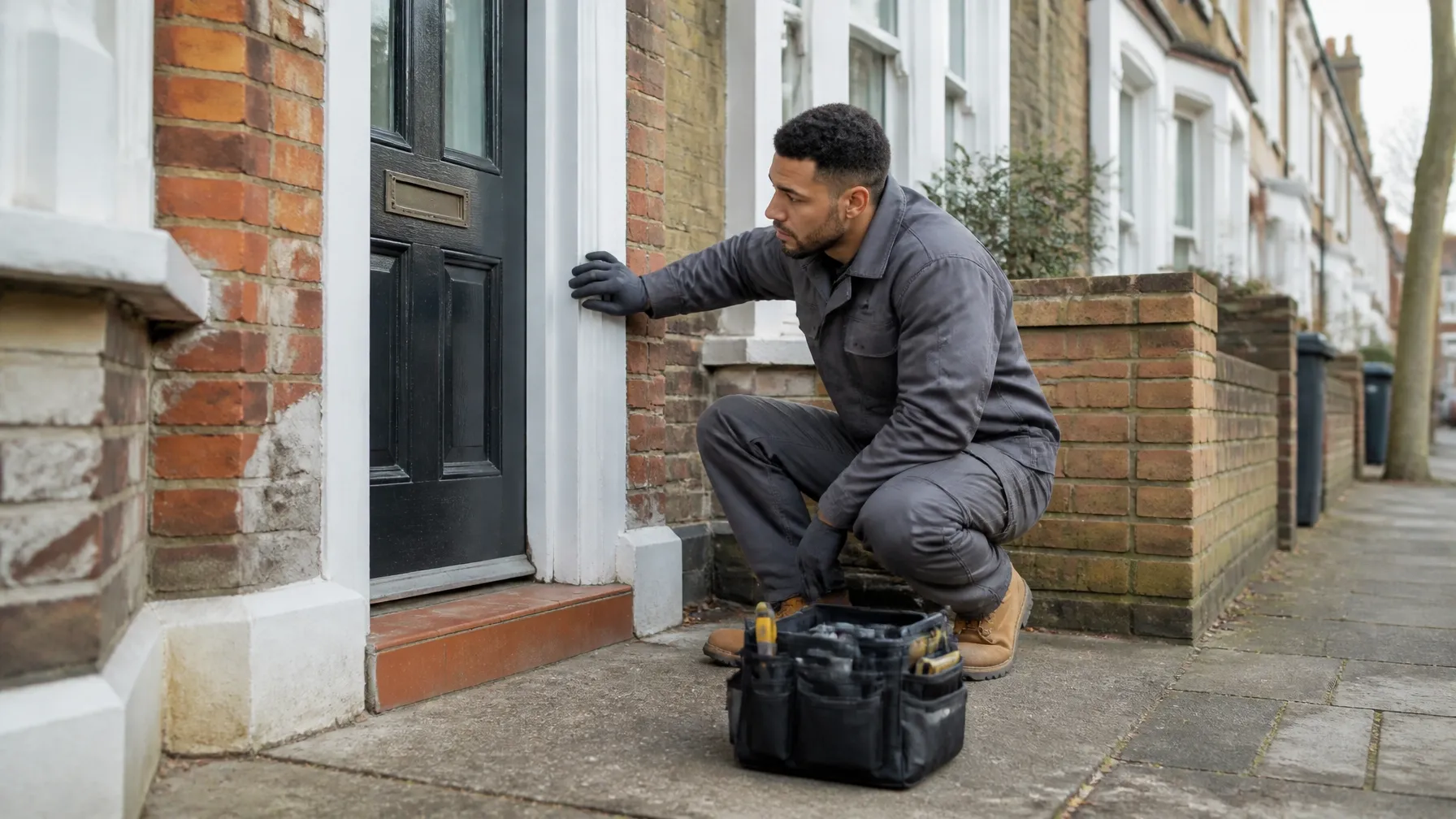 Maintenance worker in grey workwear inspecting a front door on a terraced home