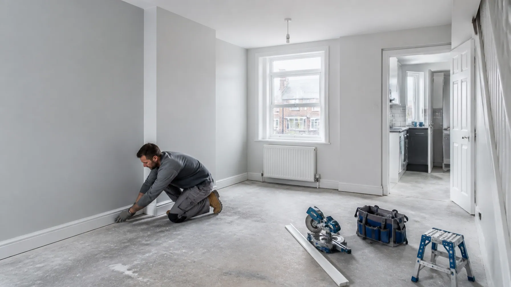 Worker in grey workwear fitting skirting boards in a bright, empty home being refurbished