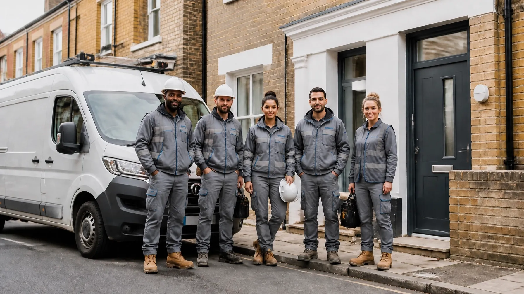 A trained maintenance team outside a refurbished residential property